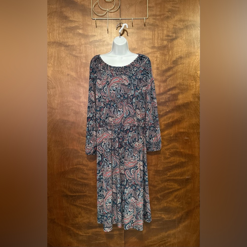 Talbots Long Sleeve Smocked Fall Midi Dress Womens XL Multi Paisley Print Knit